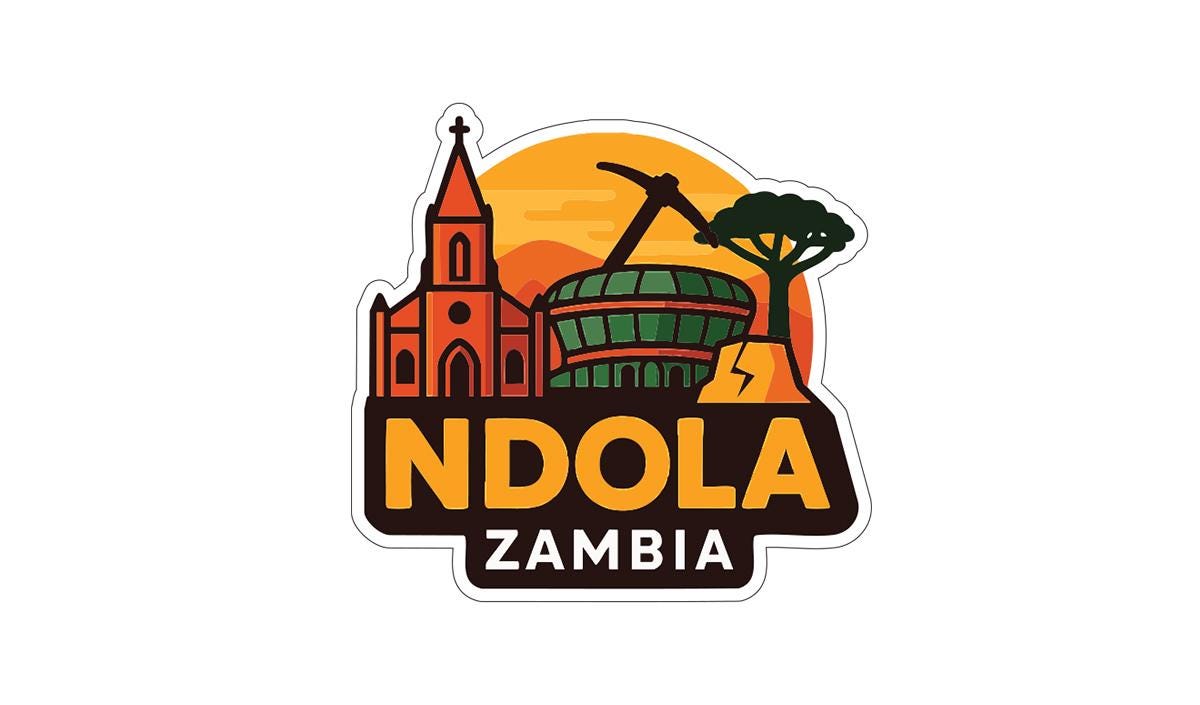 a stylized illustration of the capital city of Zambia, with a church, a mountain, and a sunset in the background.