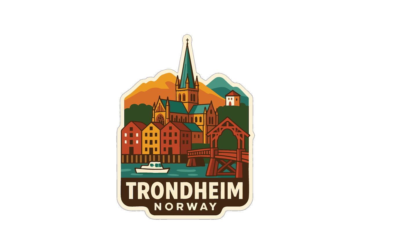 A sticker depicting the Trondheim, Norway, with a church spire, colorful buildings, and a bridge in the foreground.