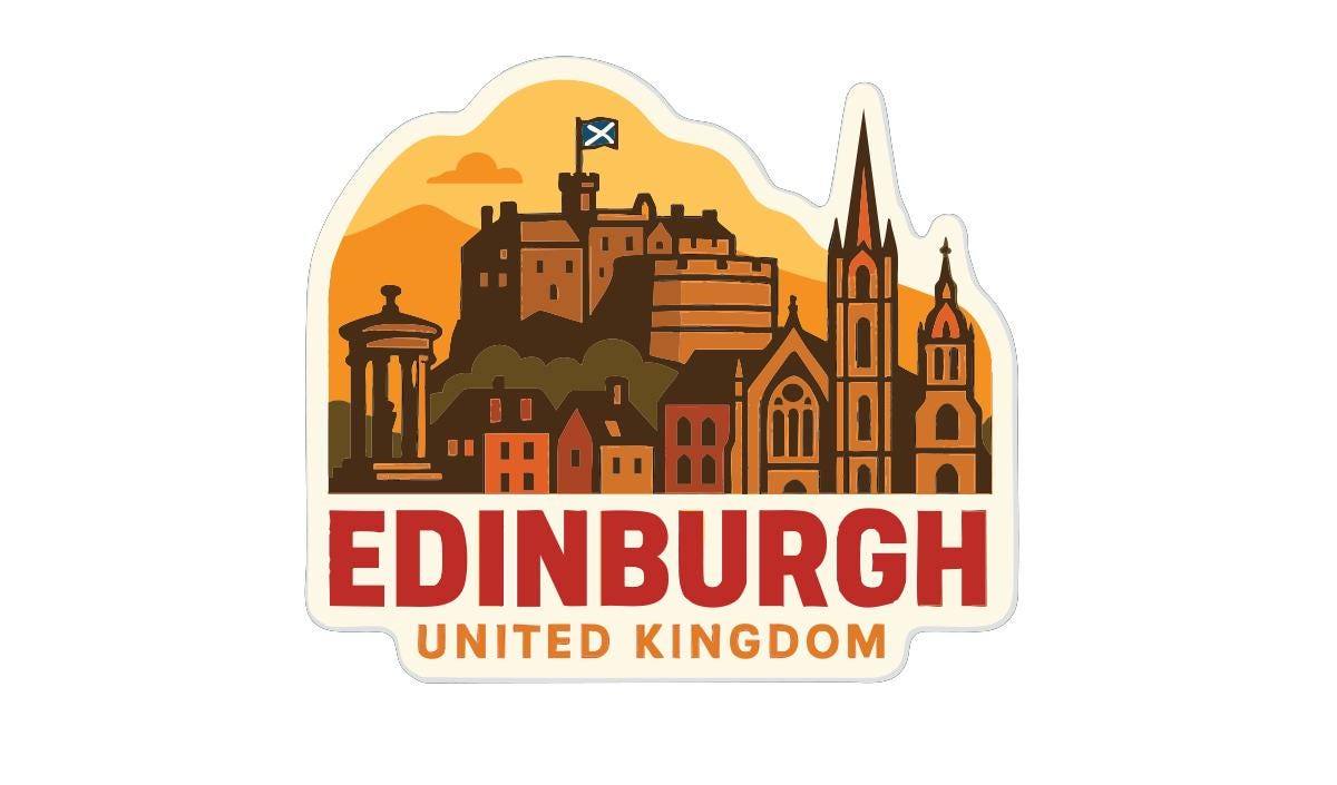 a stylized illustration of the city of Edinburgh, United Kingdom, with various landmarks and buildings depicted in a colorful and artistic manner.