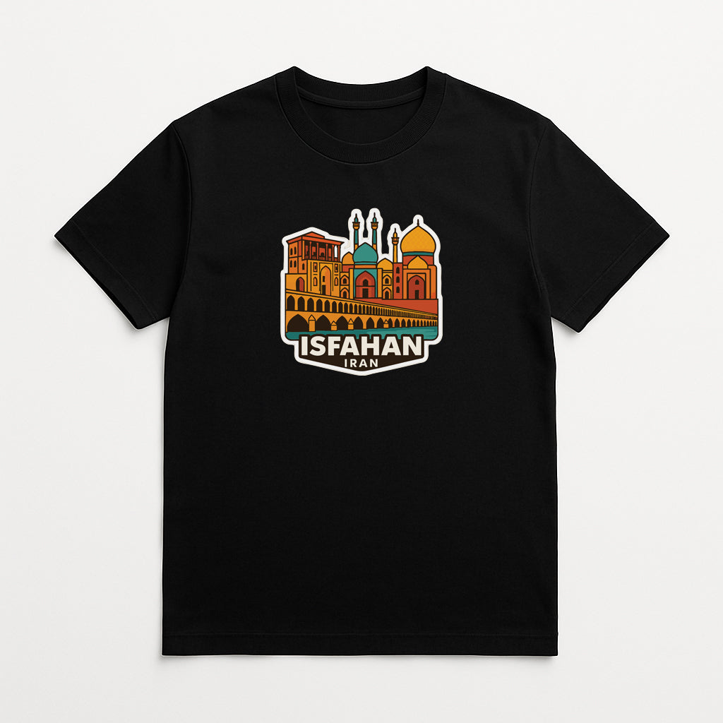A black t-shirt with a colorful graphic design depicting a city skyline, including domes and arches, along with the text "ISFAHAN IRAN" printed on it.