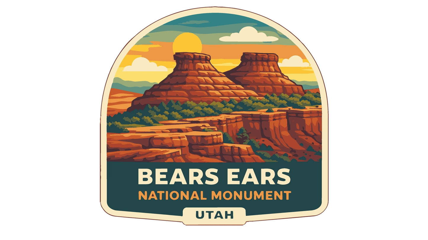 a sticker or emblem with a scenic landscape of mountains and a sunset.