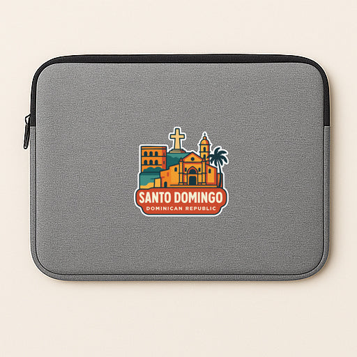 A gray laptop sleeve with a sticker depicting the city of Santo Domingo, the Dominican Republic.