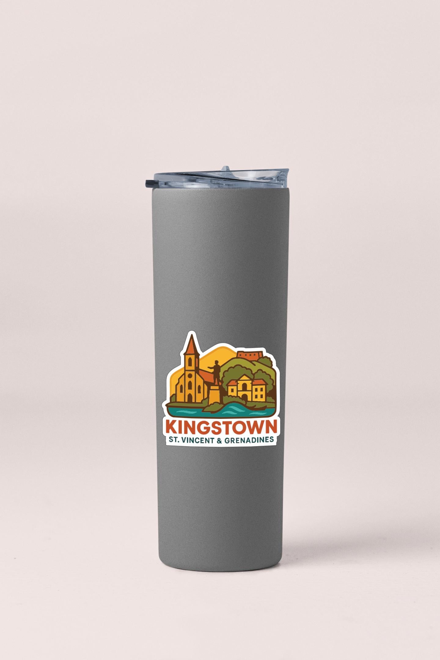 A gray insulated tumbler with a sticker depicting a town scene and the text "KINGSTOWN St. Vincent & Grenadines".