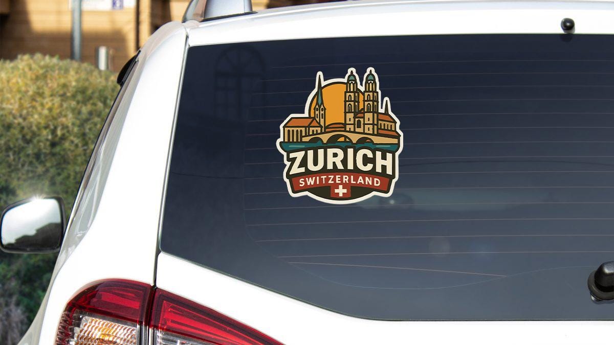 a white car with a sticker of a building