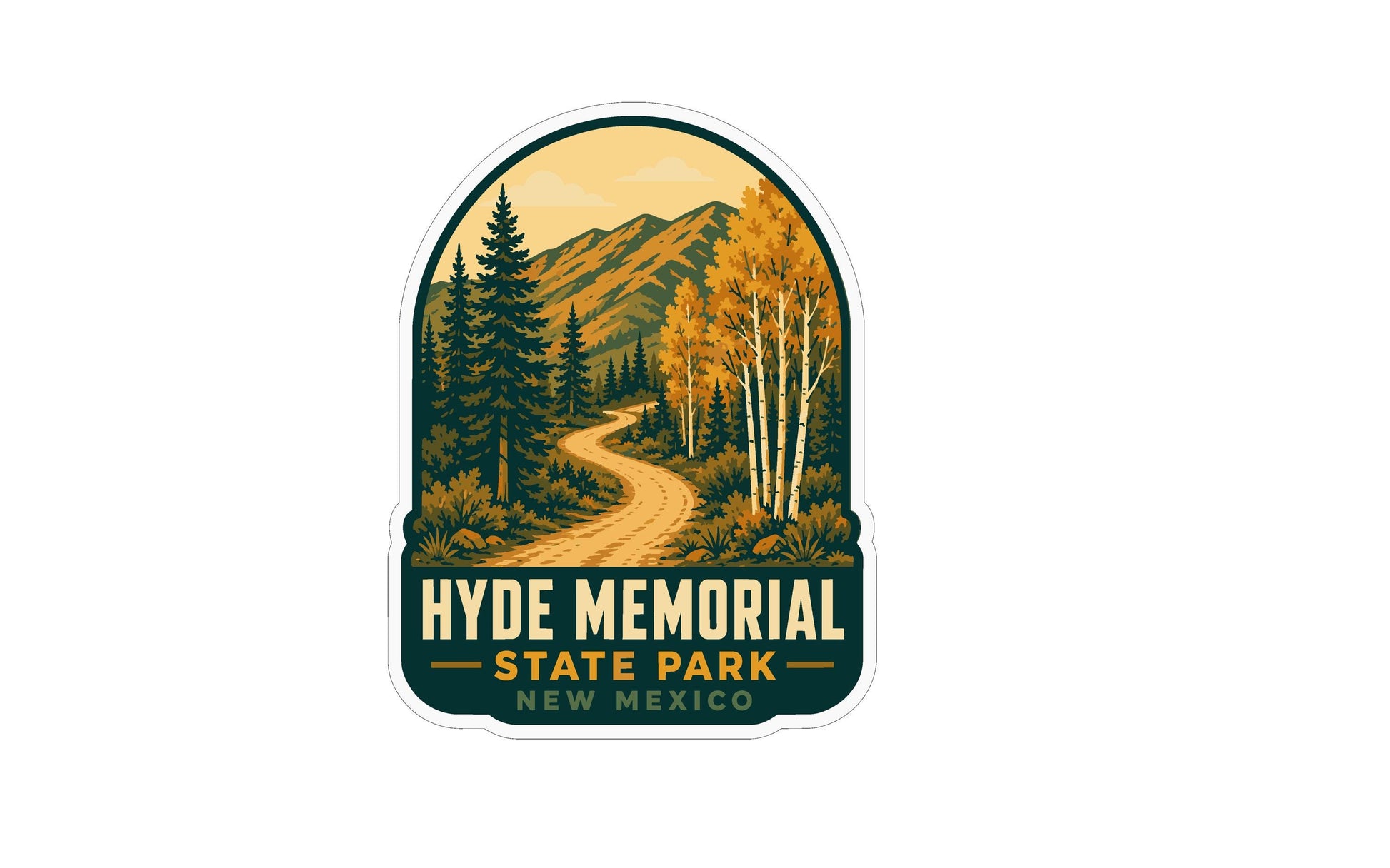A sticker depicting a scenic landscape with a winding road, trees, and mountains in the background, with the text "HYDE MEMORIAL STATE PARK NEW MEXICO" prominently displayed.