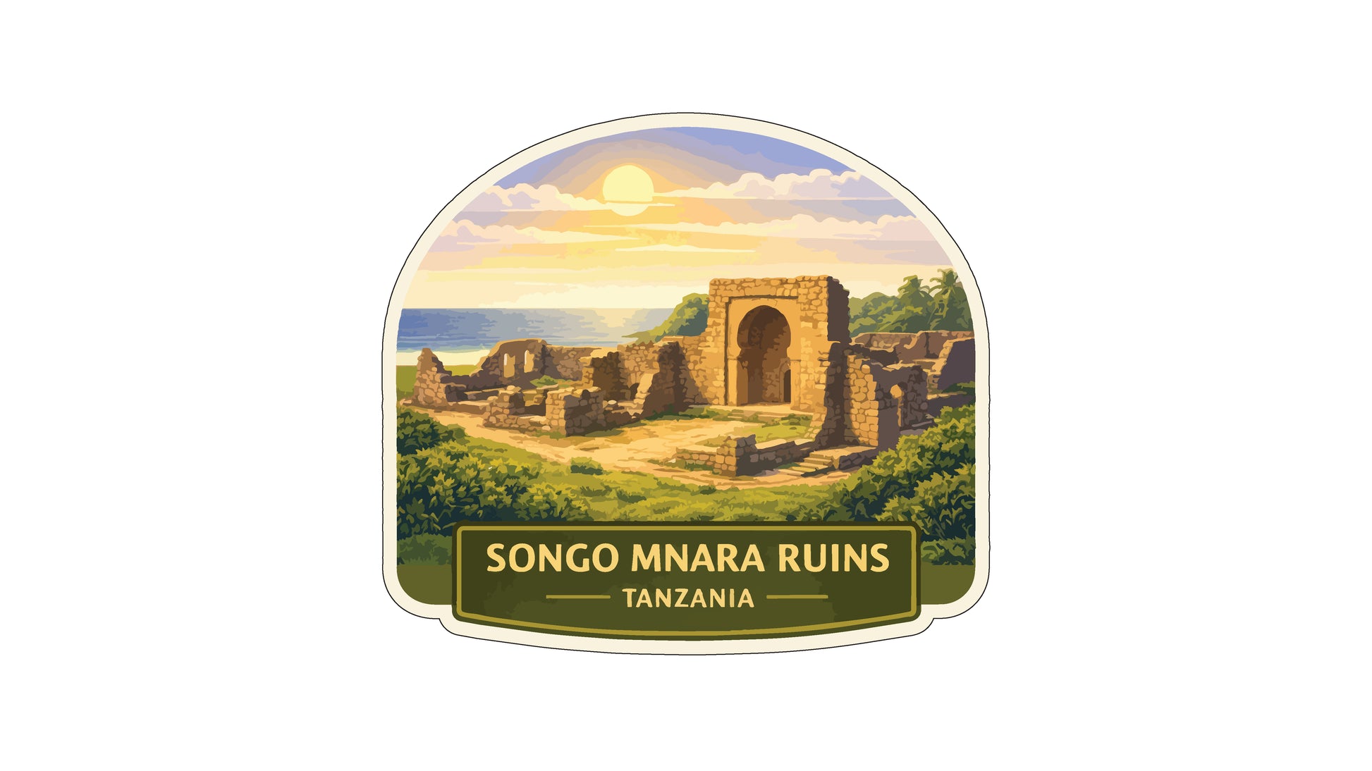 the UNESCO World Heritage site of the Sonoara ruins in Tanzania, featuring the ancient ruins against a backdrop of a sunset over the ocean.
