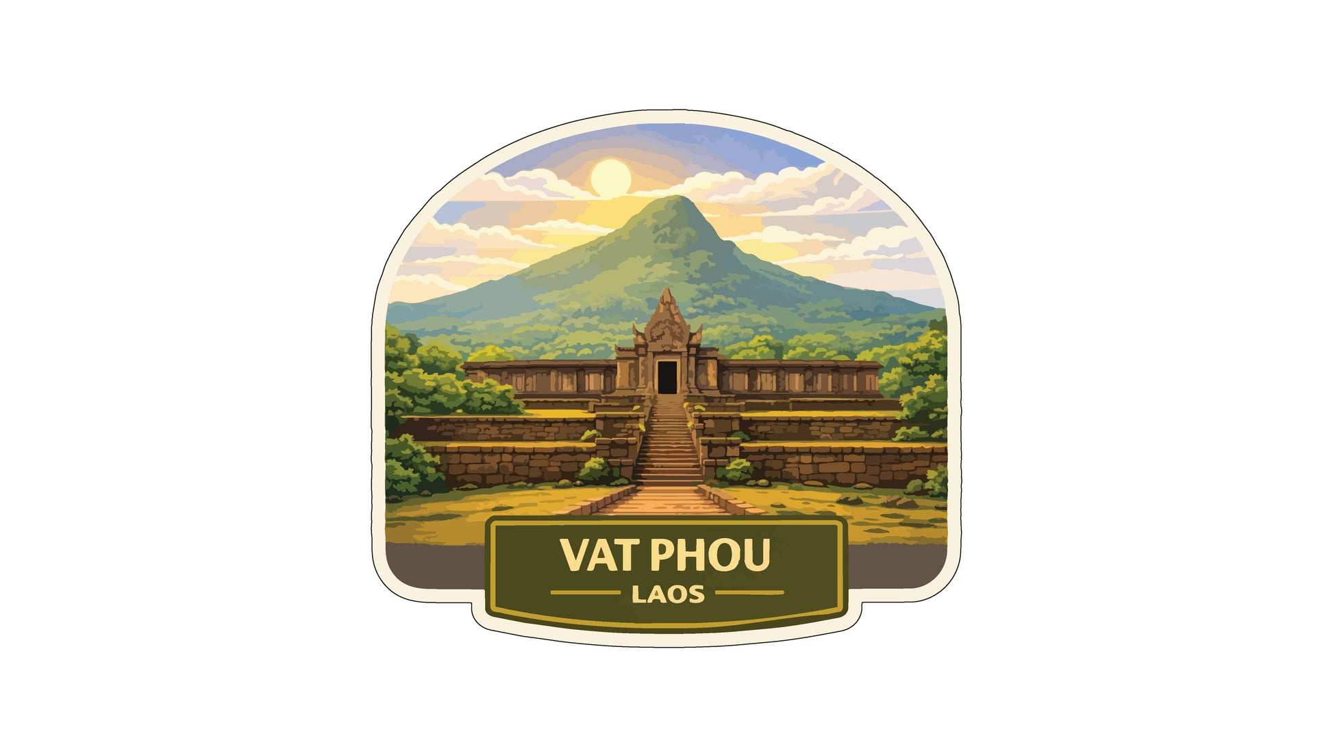 a temple in Vat Phou, Laos, surrounded by lush greenery and a majestic mountain in the background.