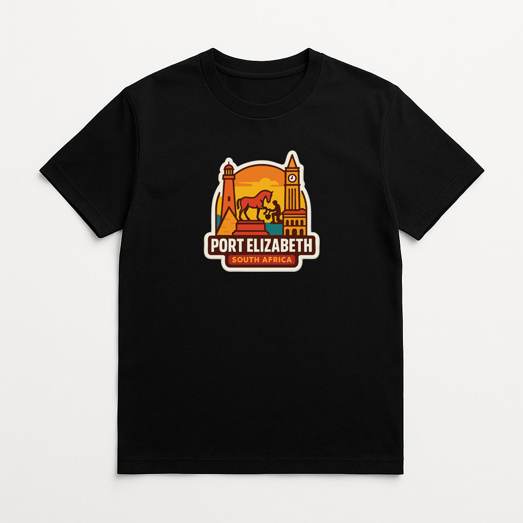 A black t-shirt with a graphic design depicting a city skyline, including a clock tower, and the text "PORT ELIZABETH SOUTH AFRICA".