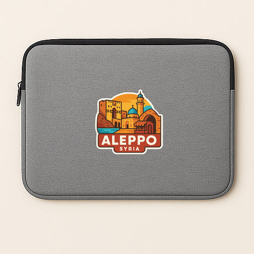 a gray laptop sleeve with a logo of Aleppo, Syria, printed on it.