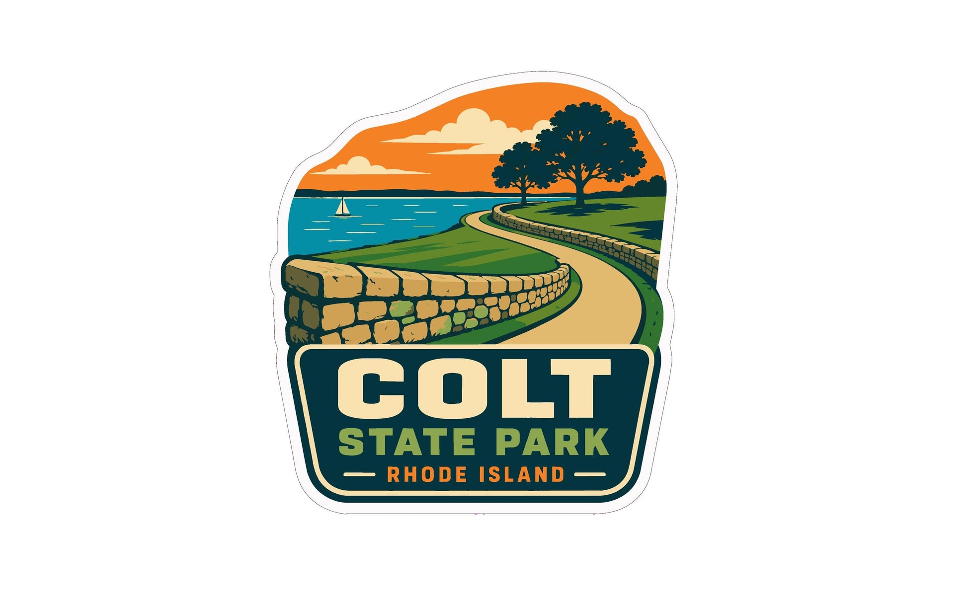 A sticker or logo depicting a scenic view of a park, with a winding path, a stone wall, and a sailboat on the water.