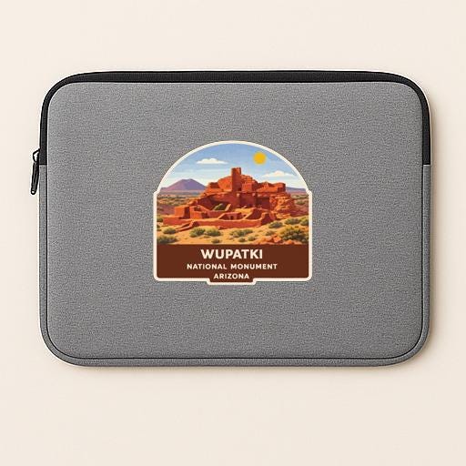 A gray laptop sleeve with a sticker depicting the Wupatki National Monument in Arizona.