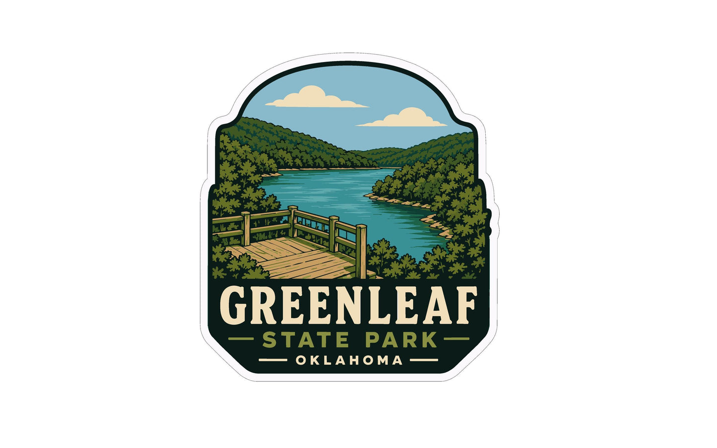 A sticker or emblem featuring a scenic view of Greenleaf State Park in Oklahoma, with a wooden walkway leading to a lake surrounded by lush greenery.