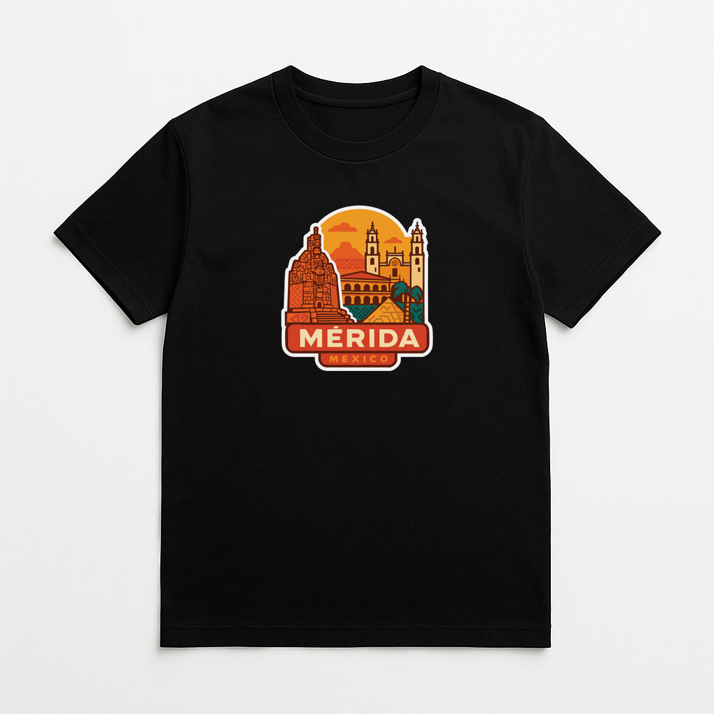 A black t-shirt with a graphic design depicting a city skyline and the text "MERIDA" prominently displayed.