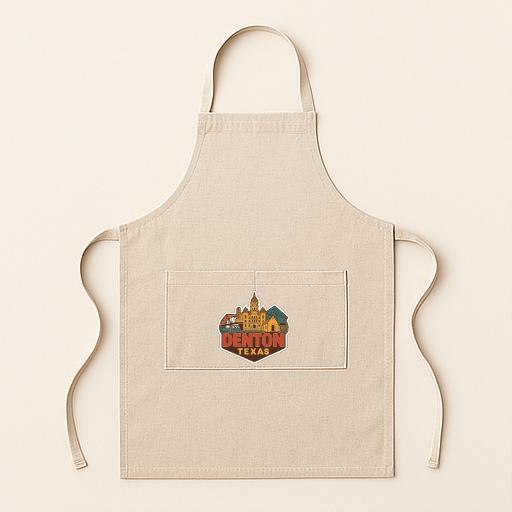 A beige apricot with a graphic of Denton, Texas, printed on it.