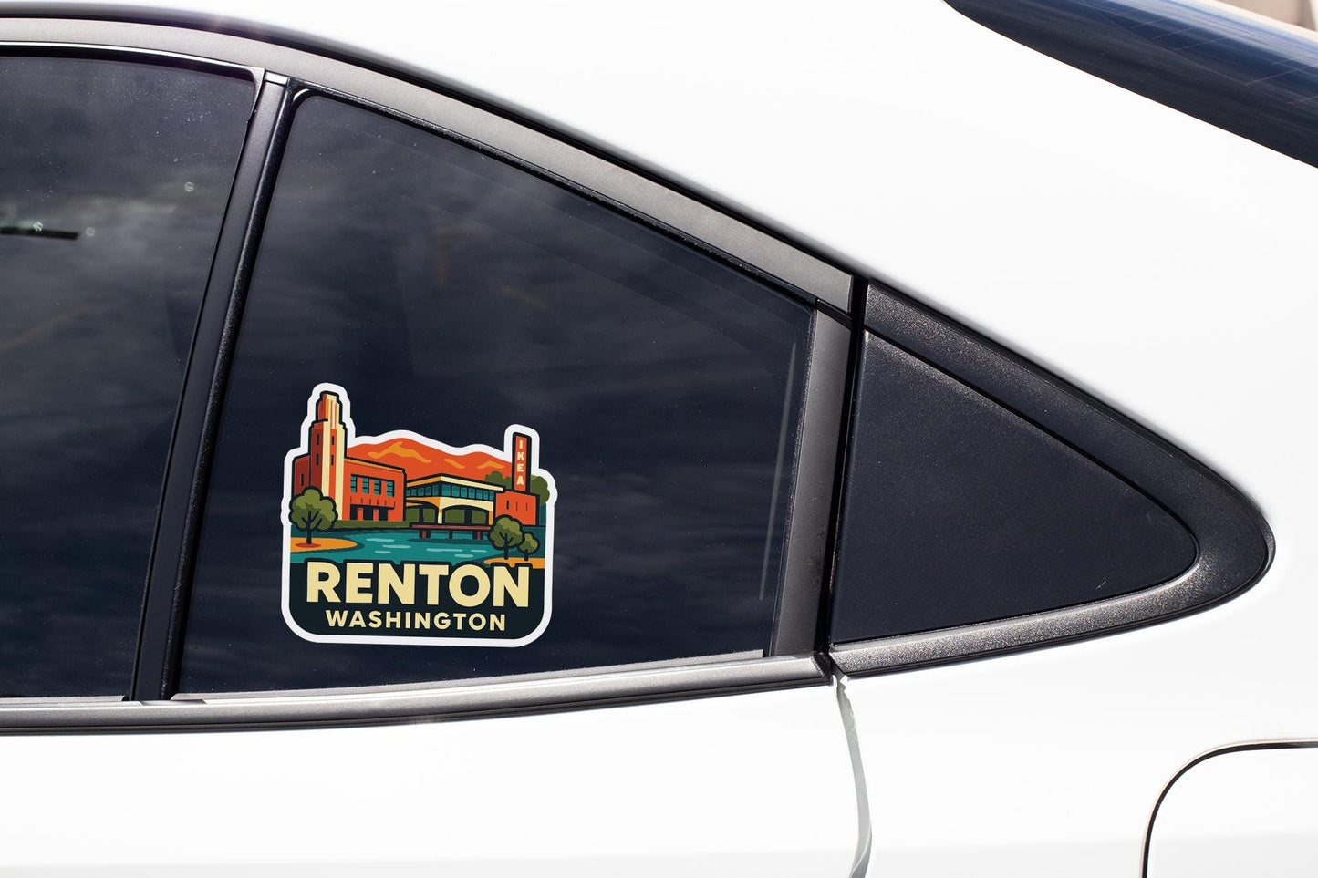 A sticker on the side of a car window, depicting a cityscape with a building and a river.