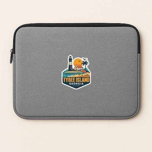 A gray laptop sleeve with a sticker depicting the scenic beauty of Tybee Island, Georgia.