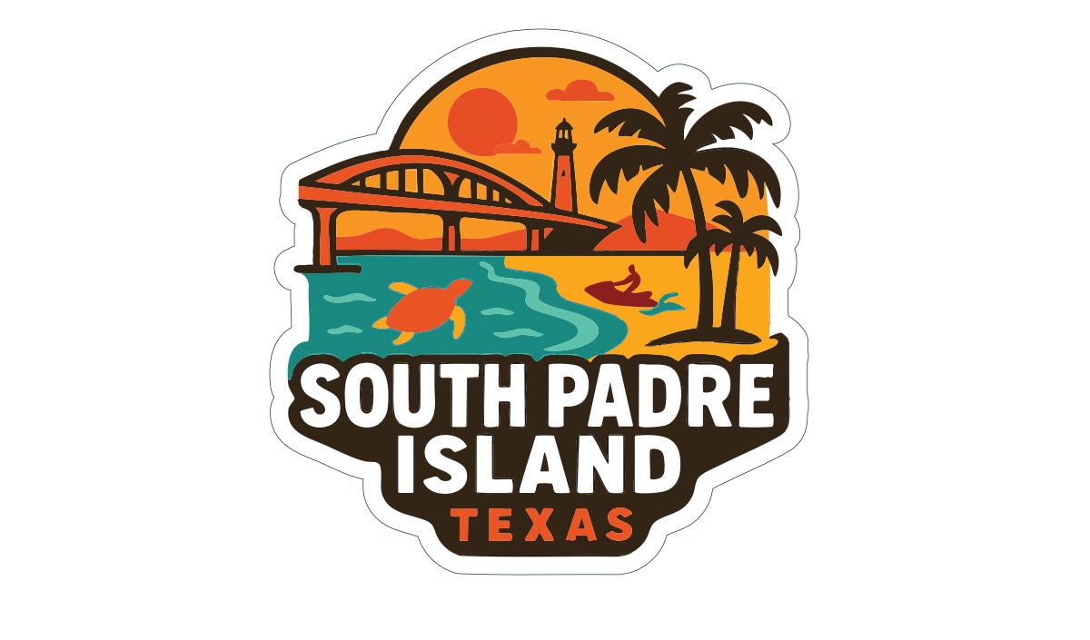 A sticker depicting a tropical beach scene with a bridge, palm trees, and a sunset.