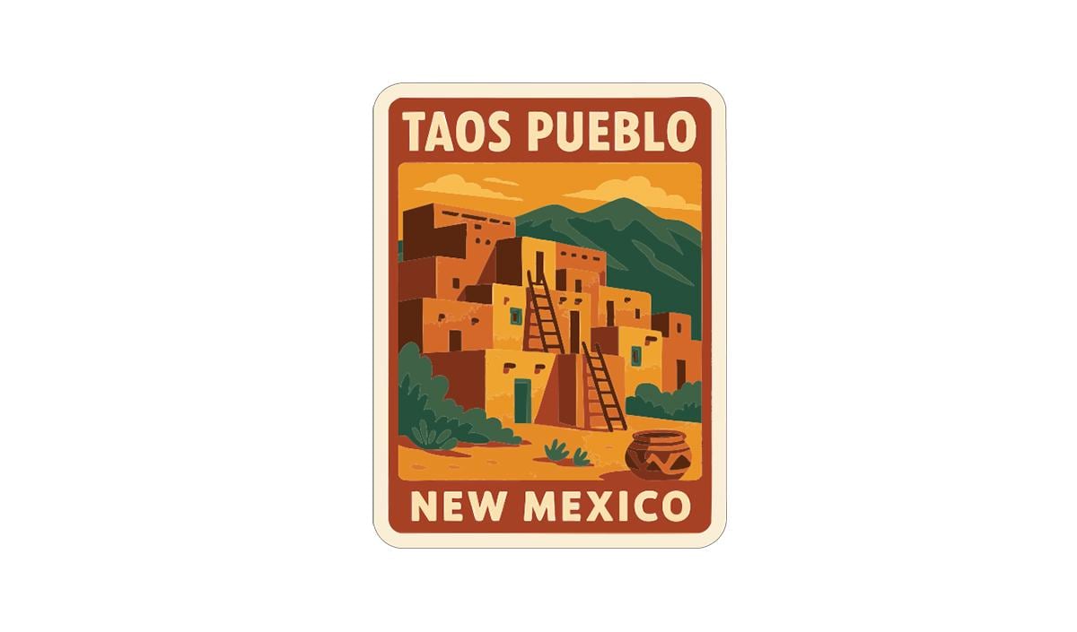 A vintage-style sticker depicting a desert landscape with a mountain in the background, featuring a traditional adobe-style building and a pot.
