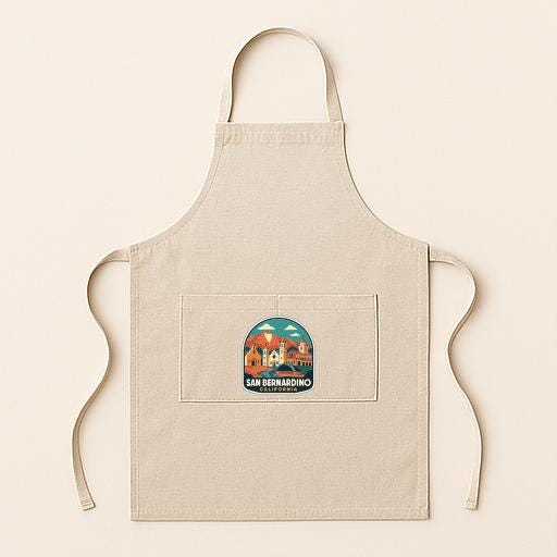 A beige apricot with a graphic of San Bernadino, a city in Spain, printed on it.