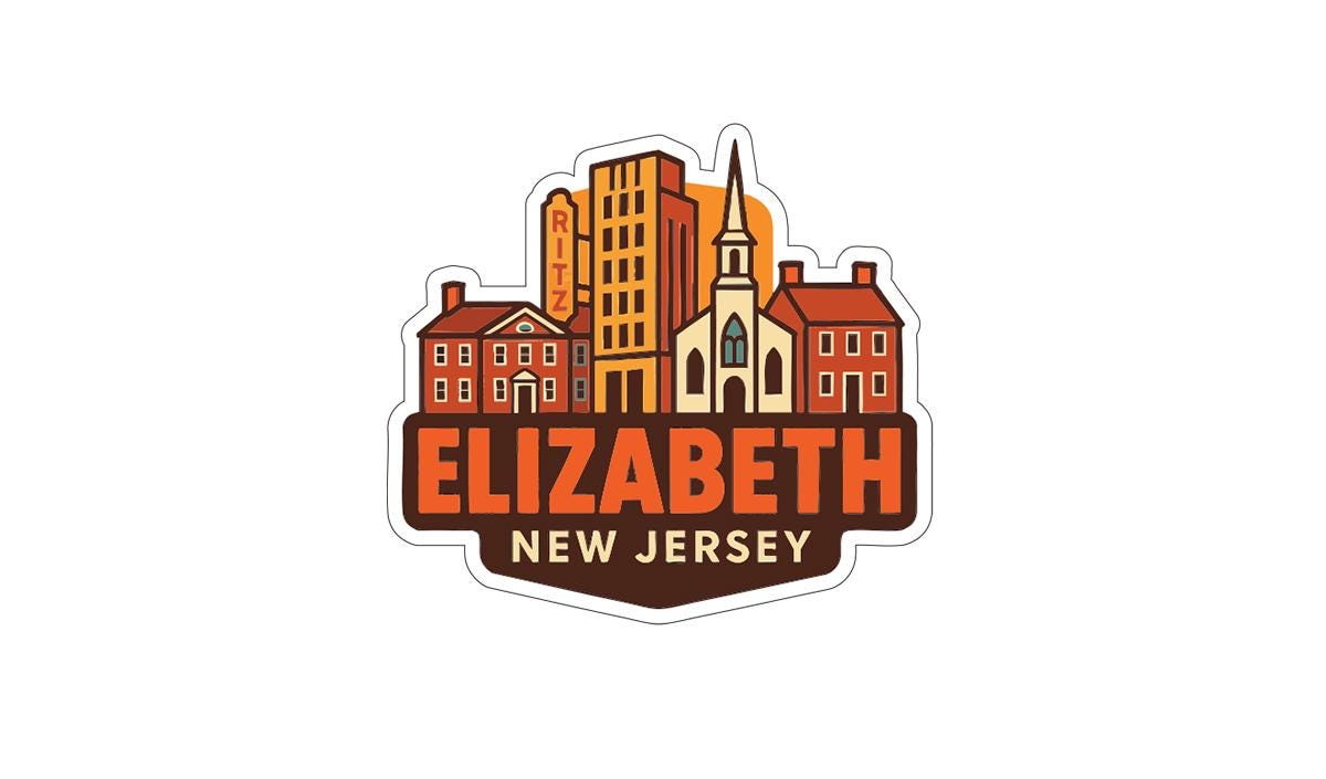 A stylized logo depicting the city of Elizabeth, New Jersey, with a mix of architectural styles and colors.