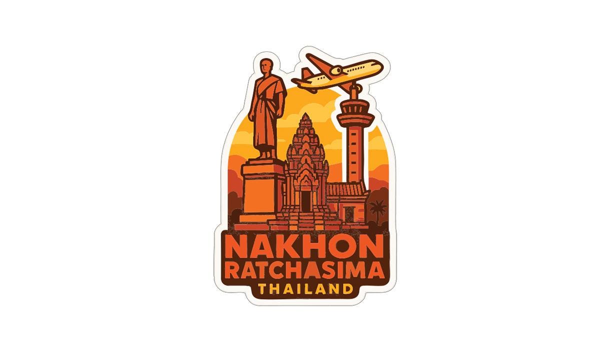 a sticker or emblem with a statue, a tower, and an airplane, representing the city of Nakhon Ratchasima, Thailand.
