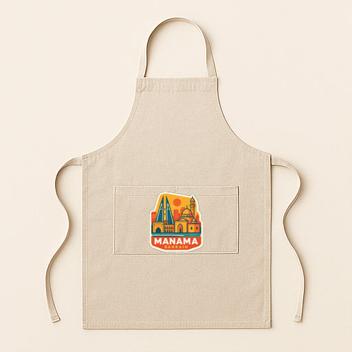 A beige apricot with a colorful graphic of a city skyline and the word "MANAMA" printed on it.