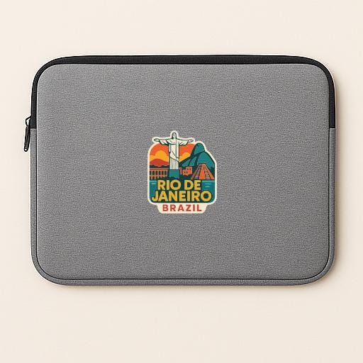 A gray laptop sleeve with a colorful sticker depicting the Rio de Janeiro skyline and the Christ the Redeemer statue.