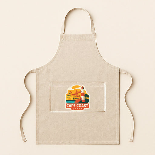 A beige apricot with a graphic of a lighthouse and the text "Cape Coast" printed on it.