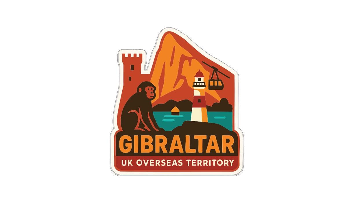 a sticker or logo with a monkey, a lighthouse, and a mountain, along with the text "GIBRALTAR UK OVERSEAS TERRITORY".