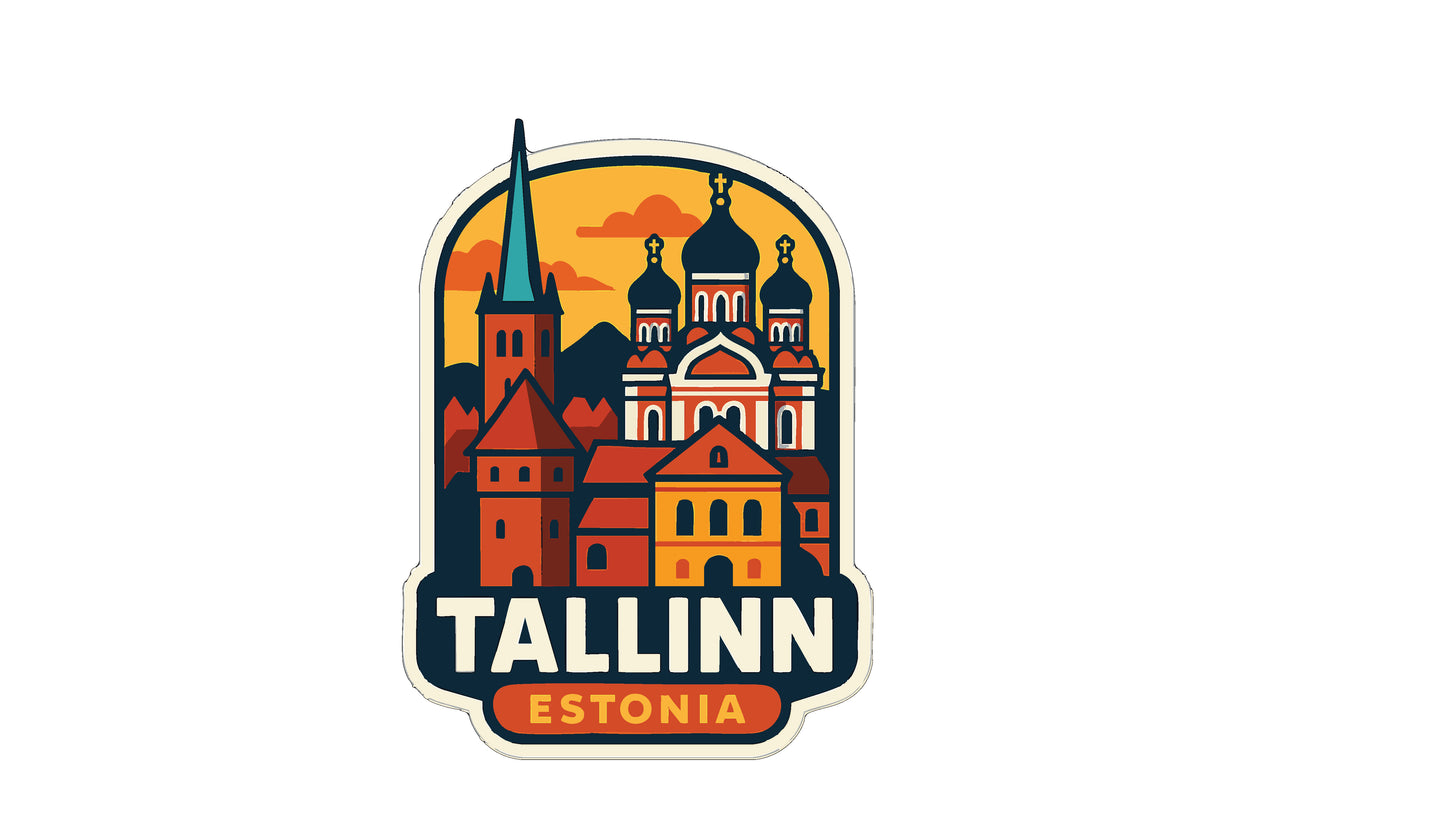 a sticker or emblem with a stylized illustration of Tallinn, Estonia, showcasing the city's architecture and landmarks.