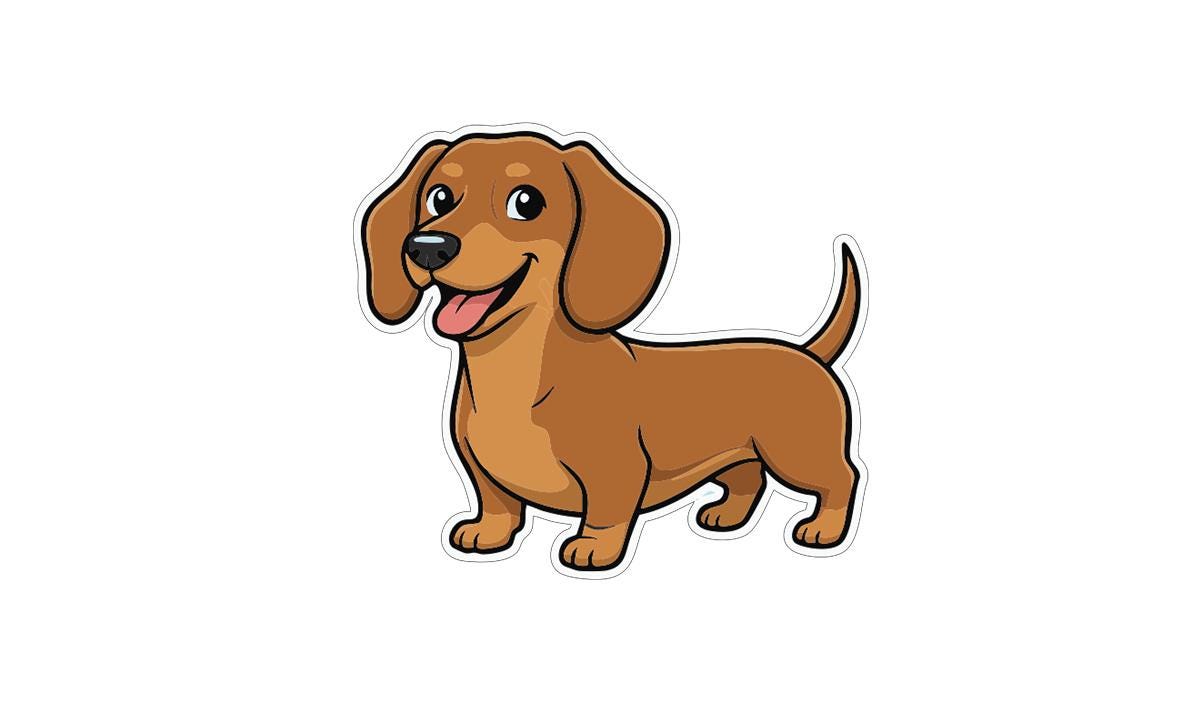 A cartoon illustration of a brown dachshund dog with a friendly expression.