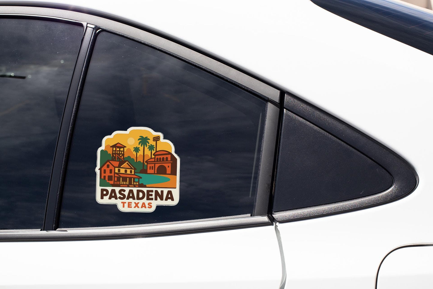 A sticker on the side of a car window, depicting a scenic view of a town or city.