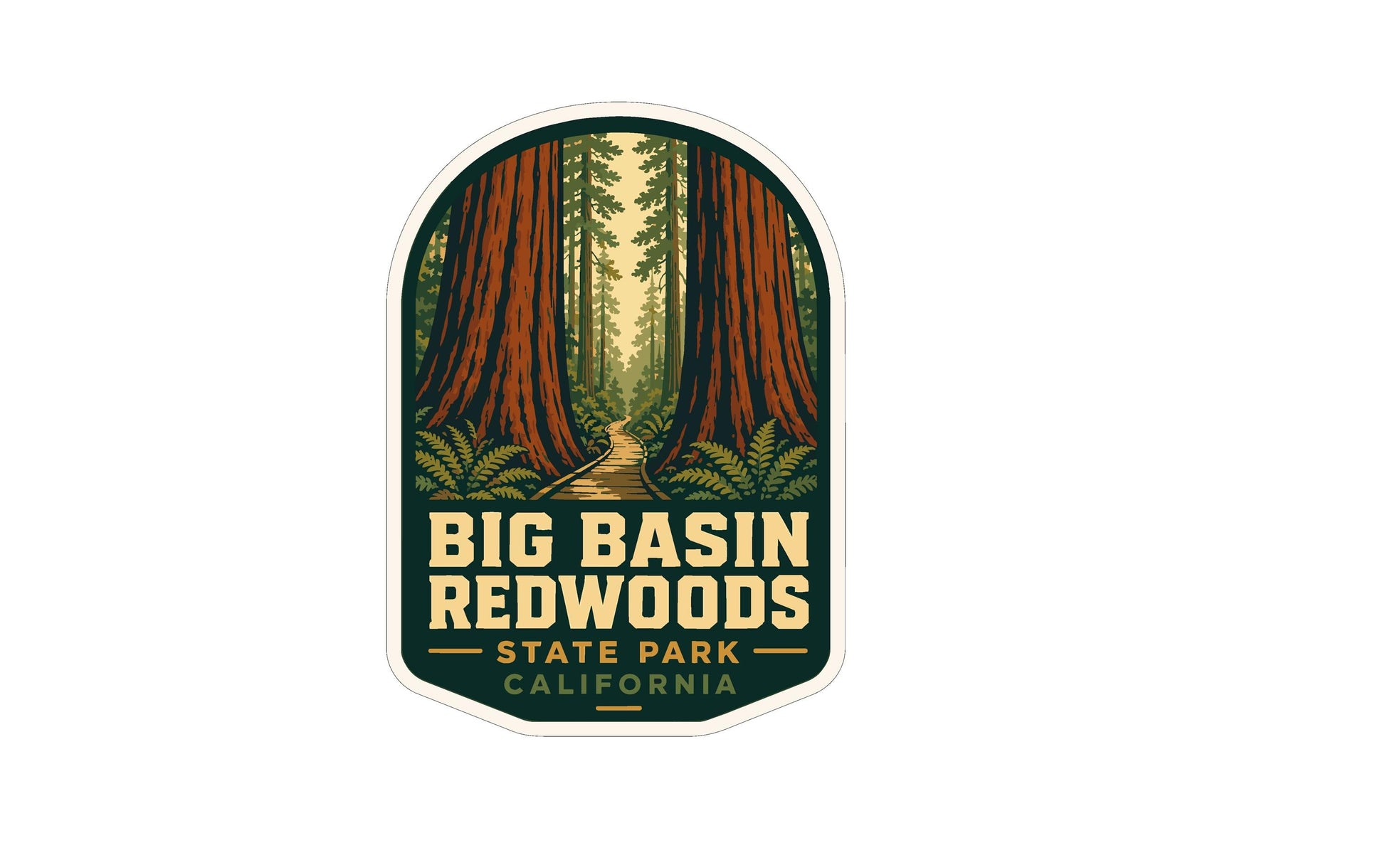 A sticker or label featuring a scenic image of a forest with tall redwood trees and a path leading through the woods.