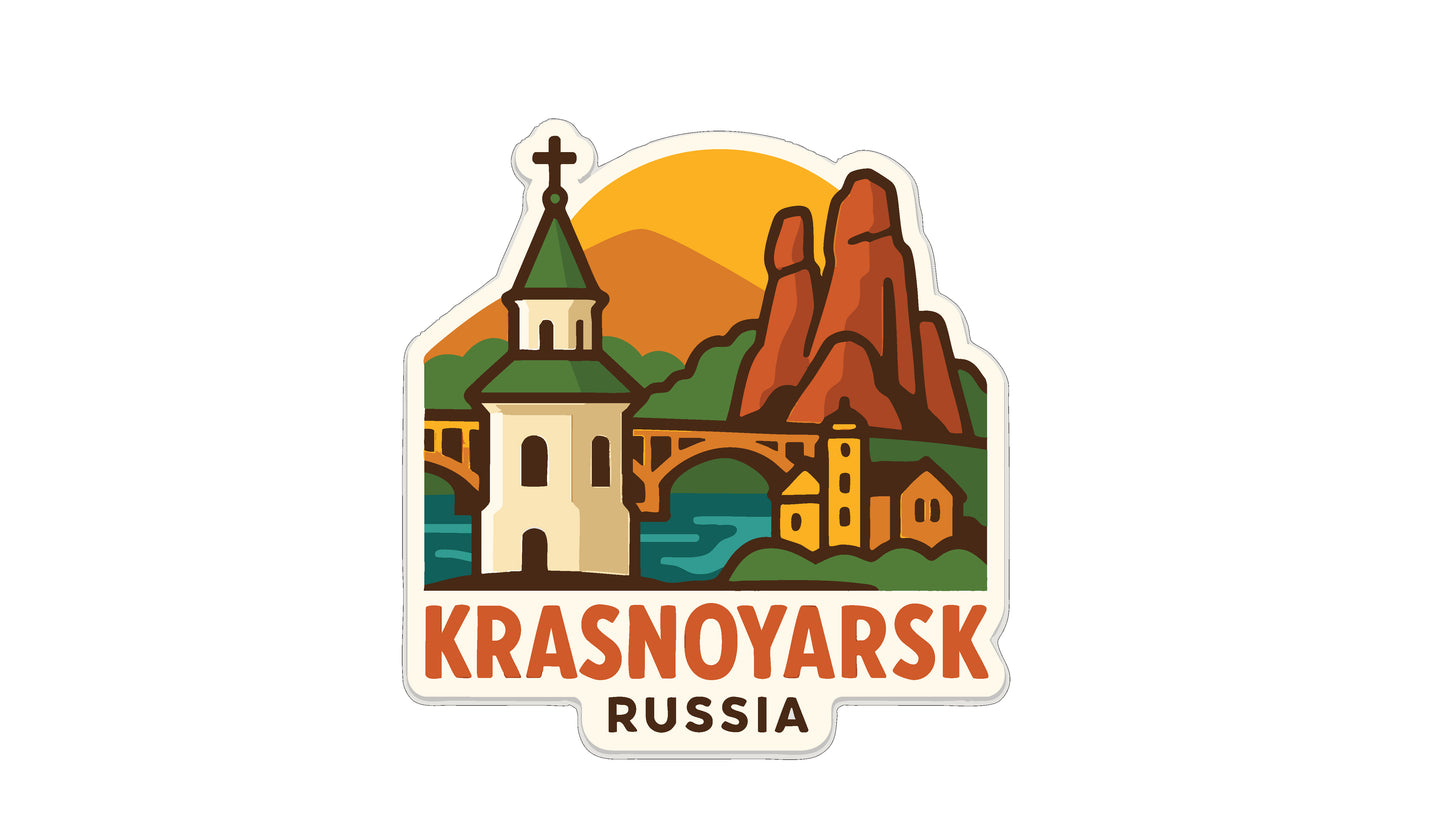 a sticker or emblem with a stylized illustration of a church, mountains, and a bridge. The text "Krasnoyarsk Russia" is prominently displayed, indicating the location or theme of the image.