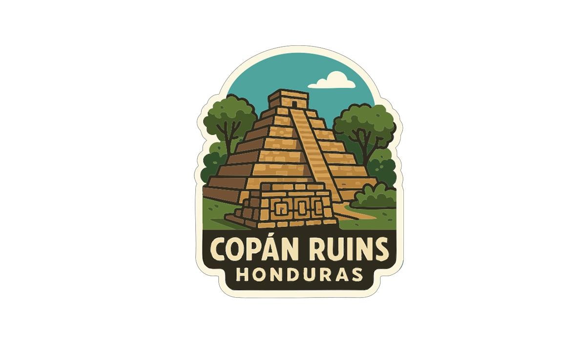 a stylized illustration of the ancient Mayan ruins of Copán, located in Honduras.