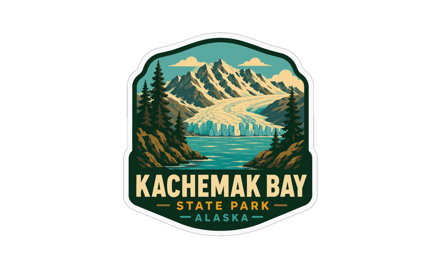 A sticker or emblem featuring a scenic landscape with mountains, a lake, and pine trees, with the text "KACHEIMAK BAY STATE PARK ALASKA" prominently displayed.