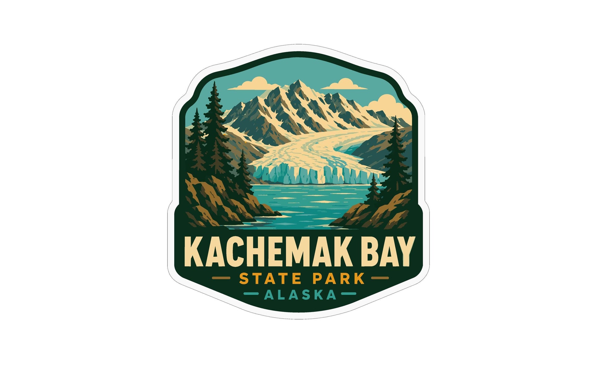 A sticker or emblem featuring a scenic landscape with mountains, a lake, and pine trees, with the text "KACHEIMAK BAY STATE PARK ALASKA" prominently displayed.