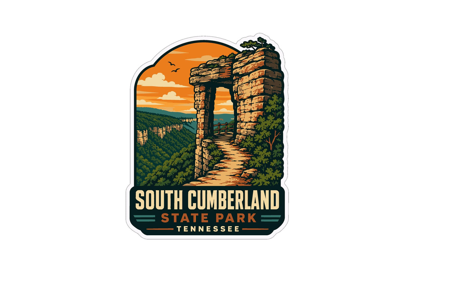 A sticker depicting a scenic view of South Cumberland State Park in Tennessee, featuring a stone archway leading to a cliff with a sunset sky in the background.