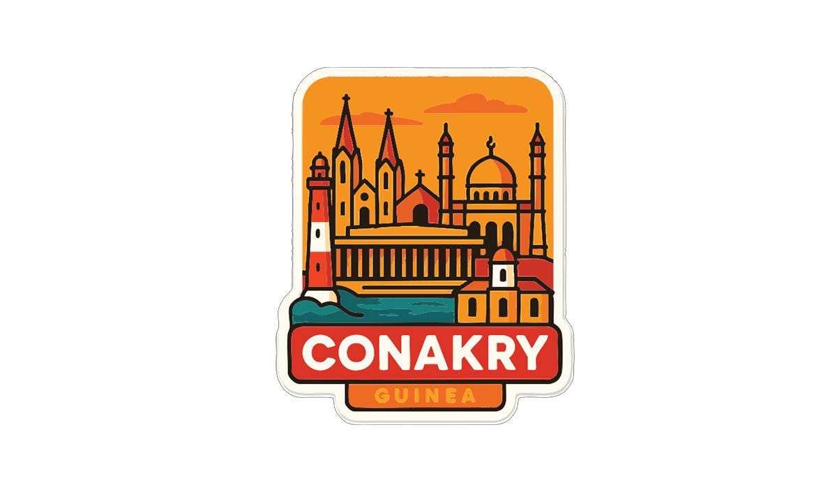 a sticker or emblem with a stylized illustration of a city skyline, including various architectural elements such as buildings, domes, and towers. The text "CONAKRY GUINEA" is prominently displayed, indicating the location or name of the city.