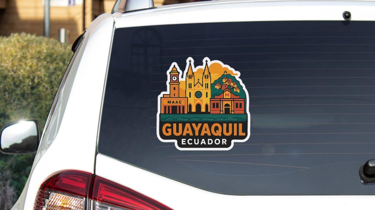 A sticker on the rear window of a vehicle that displays the city of Guayaquil, Ecuador.