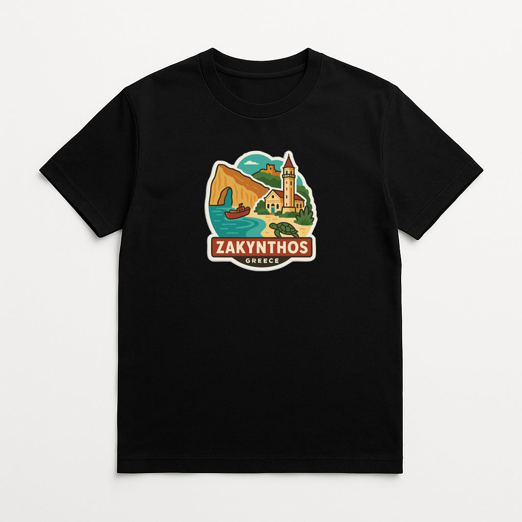 A black t-shirt with a graphic design depicting a scenic view of Zakynthos, Greece.