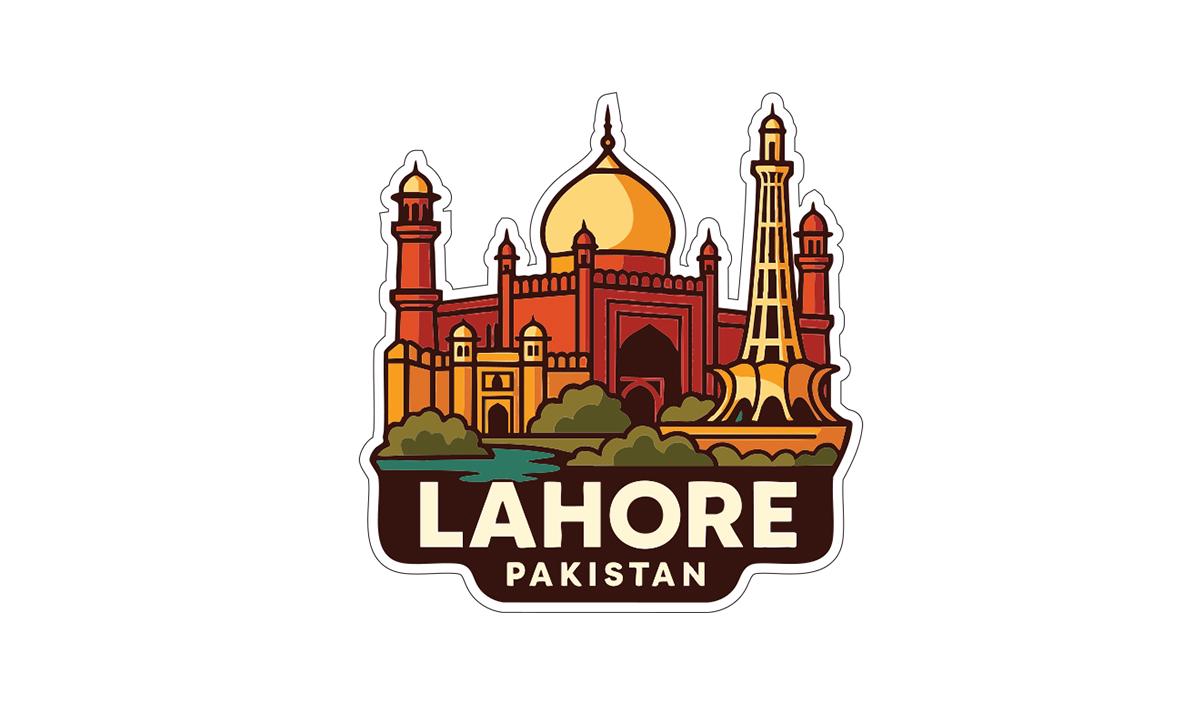 a stylized illustration of the skyline of Lahore, Pakistan, with the city's iconic landmarks such as the Eiffel Tower and the National Mosque prominently displayed.