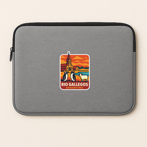 A gray laptop sleeve with a sticker depicting a scenic view of Rio de Janeiro, Argentina.