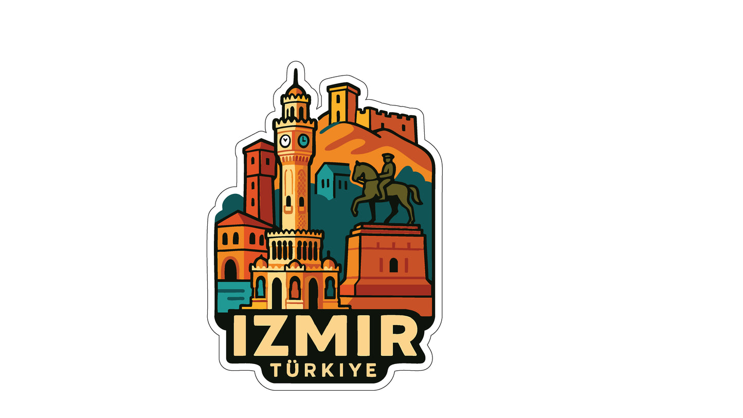 A sticker or emblem featuring the city of Istanbul, Turkey, with various landmarks and buildings depicted in a stylized manner.