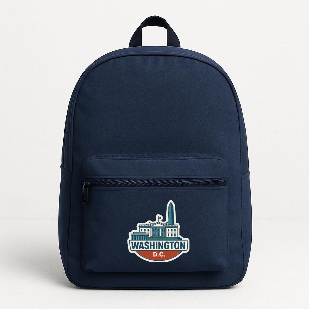A navy blue backpack with a Washington D.C. logo on the front pocket.