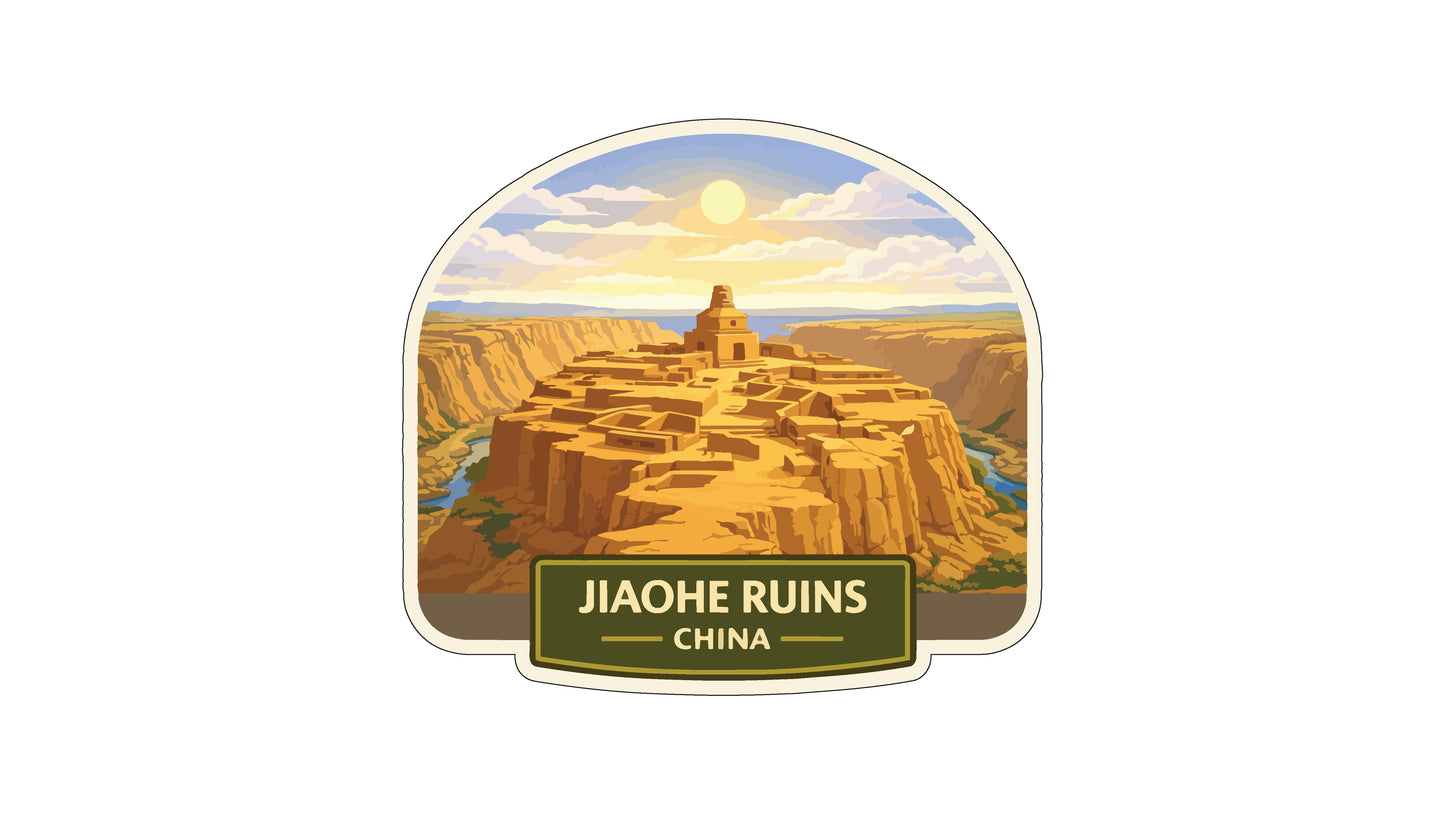 a scenic view of the Jiahe Ruins in China, featuring a large, arched structure surrounded by a desert landscape with a river running through it.