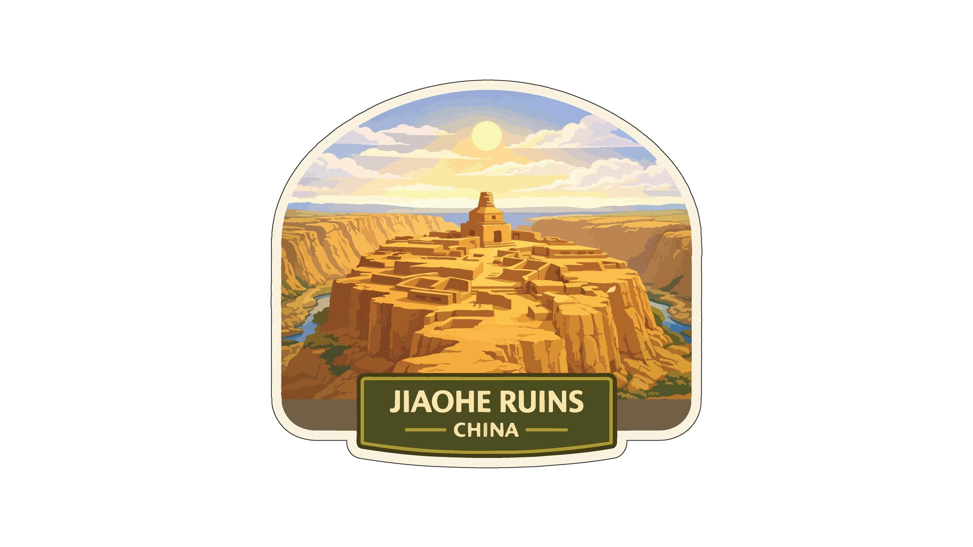 a scenic view of the Jiahe Ruins in China, featuring a large, arched structure surrounded by a desert landscape with a river running through it.