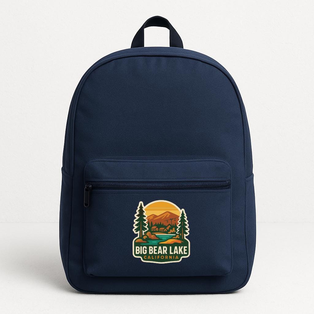 A navy blue backpack with a logo for Big Bear Lake, California.