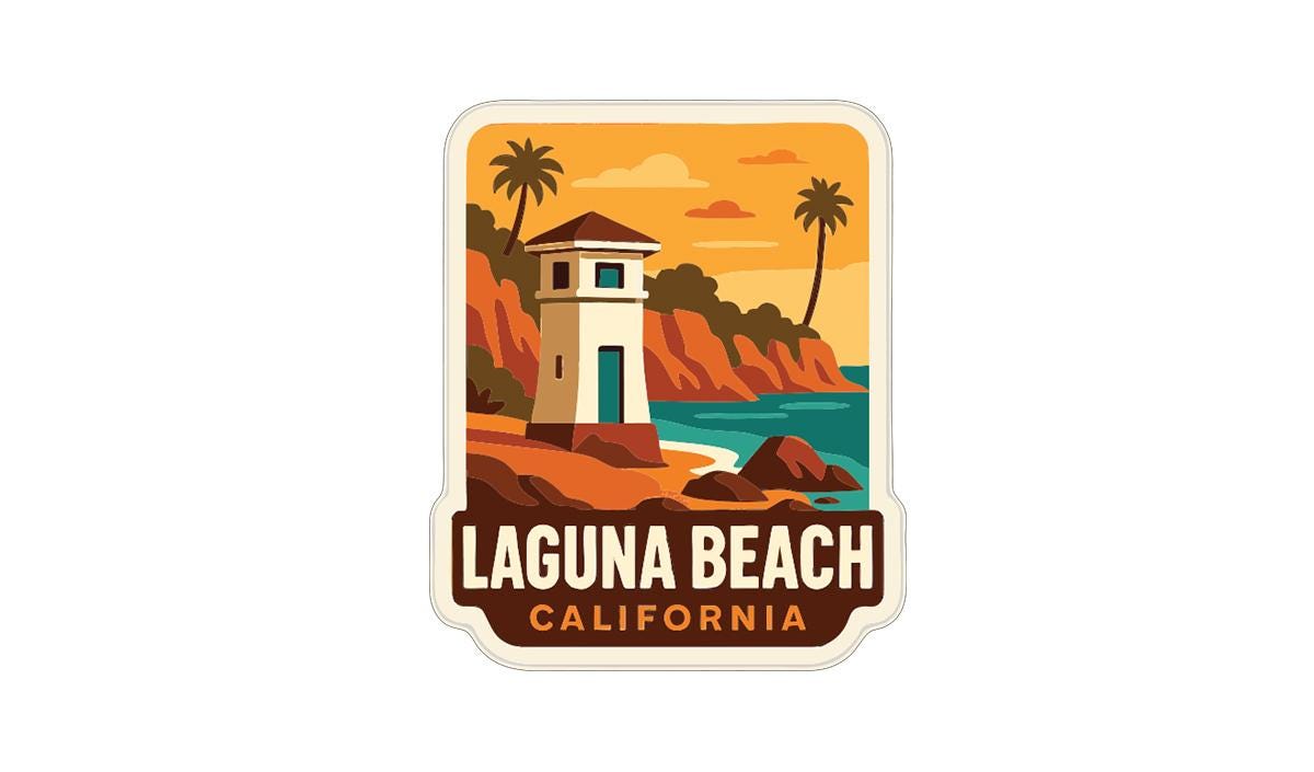 A sticker depicting a lighthouse on a beach with palm trees and a sunset in the background, representing the Laguna Beach, California location.