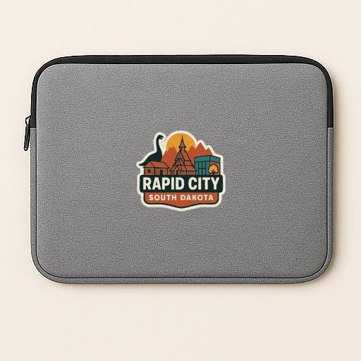 A gray laptop sleeve with a logo for Rapid City, South Dakota, featuring a dinosaur and various landmarks.